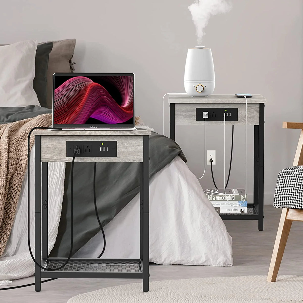 Gray Set of 2 Nightstand End Table with Charging Station P569594