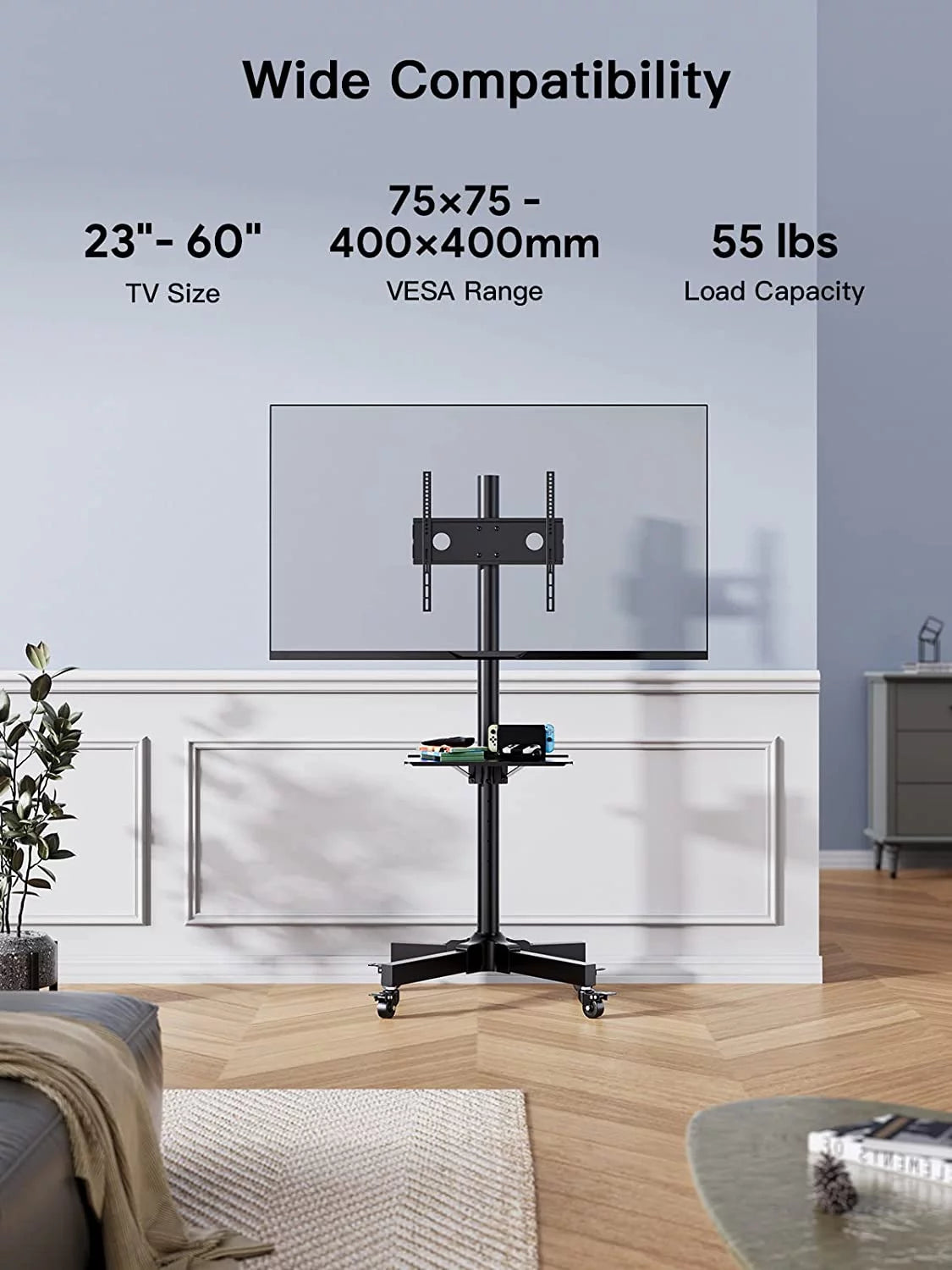 Black Height Adjustable Mobile TV Stand with Wheels W19421