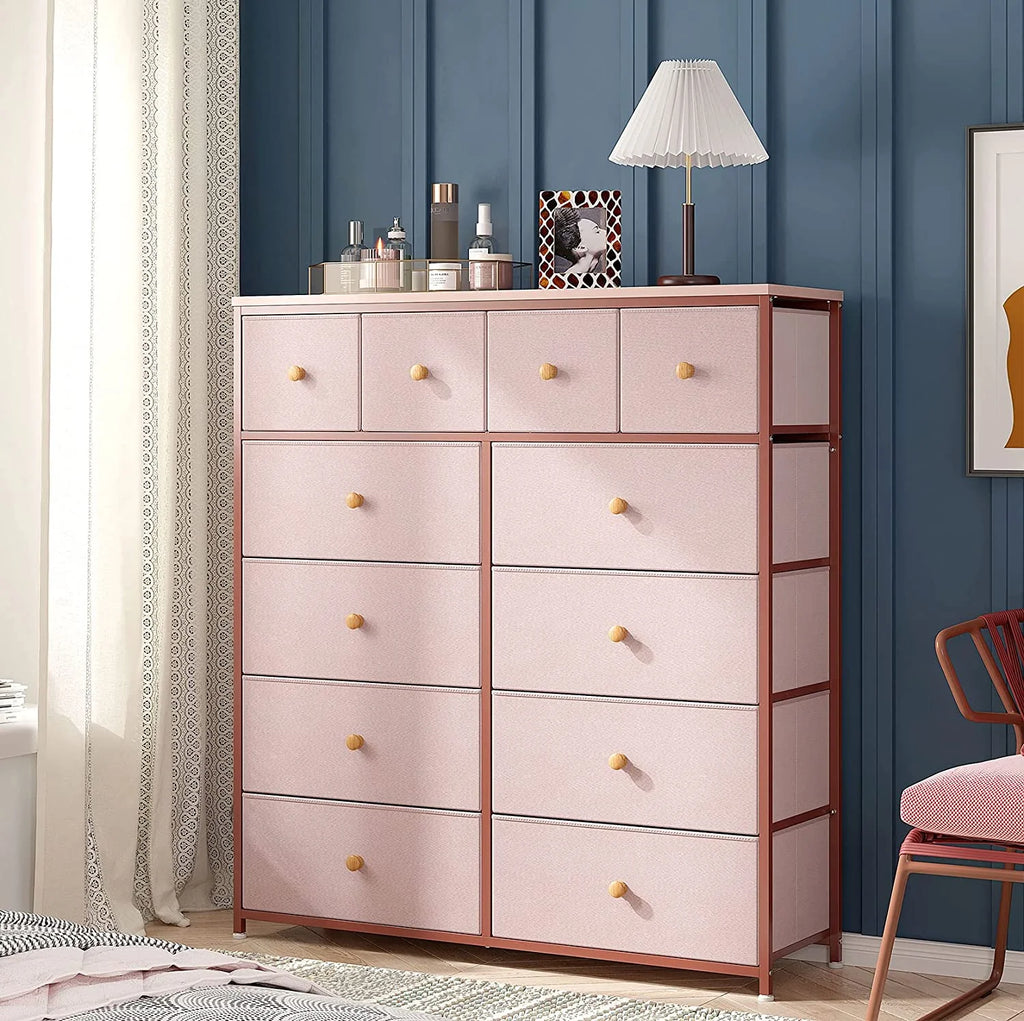 Pink 12 Drawer Dresser with Wood Top D296
