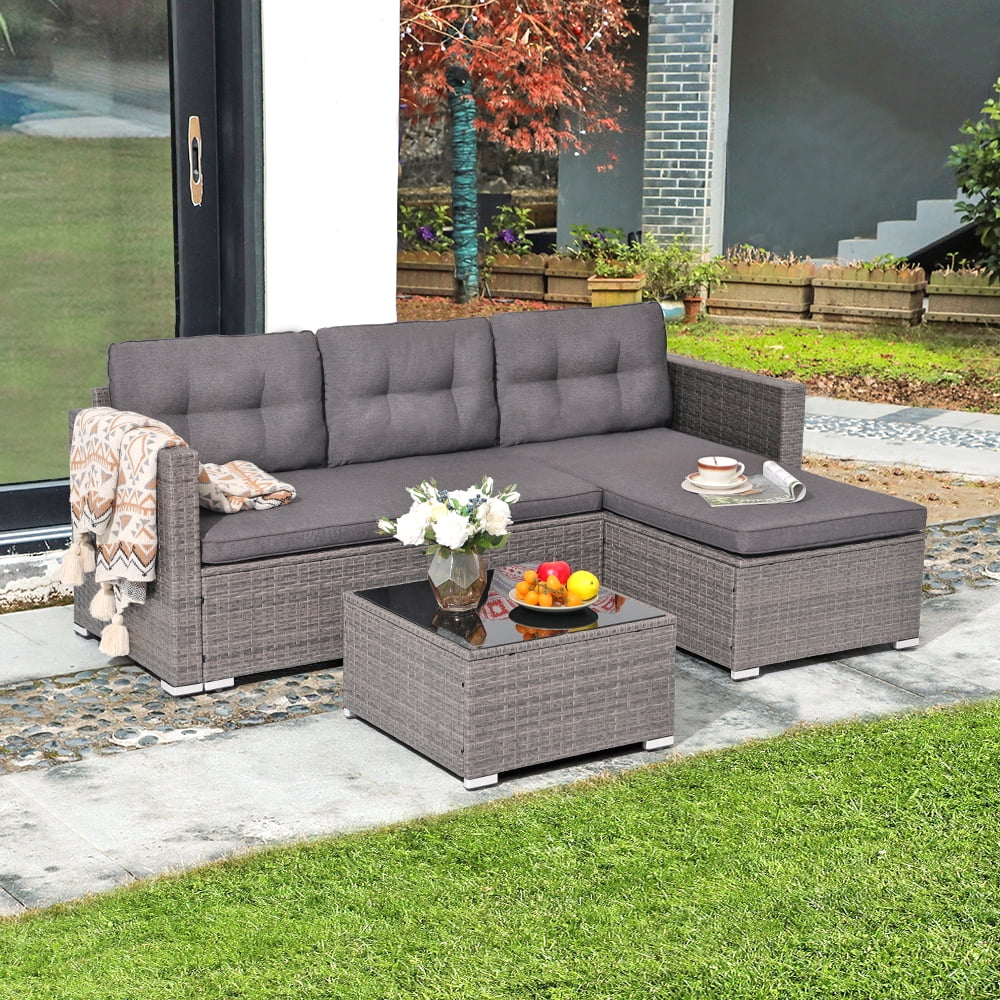 3 Pieces PE Wicker Rattan Patio Conversation Set with Cushions and Tempered Glass Coffee Table J888