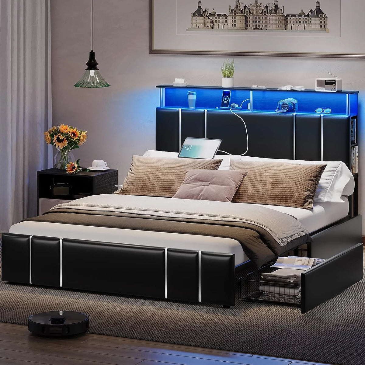 Full Size LED Upholstered Platform Bed with 4 Storage Drawer L966002