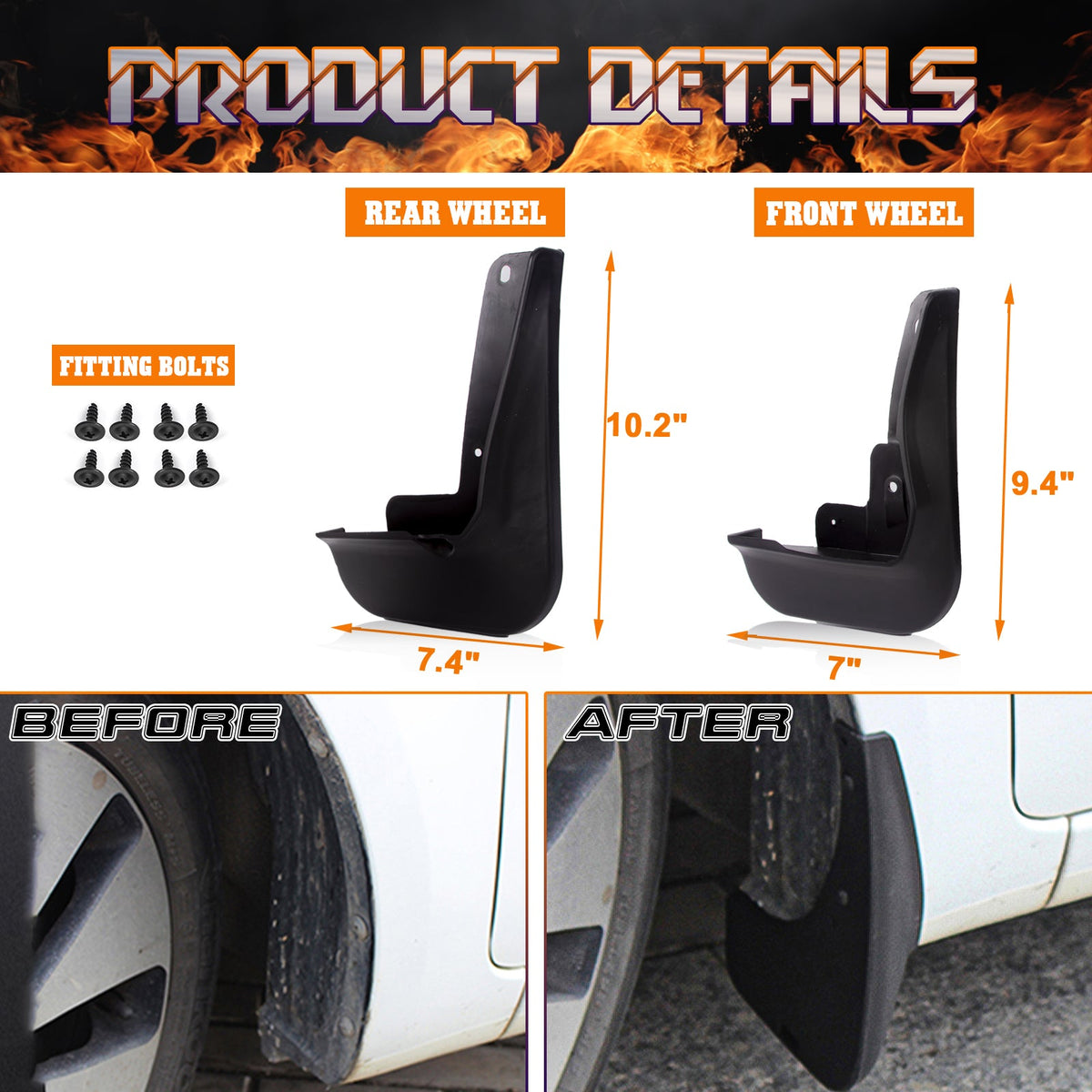 4PCS Front & Rear Mud Flap Splash Guards Fender Flare Mudguard Dirt Slush Trap Protector w/Hardware Accessories Full Set Q6353