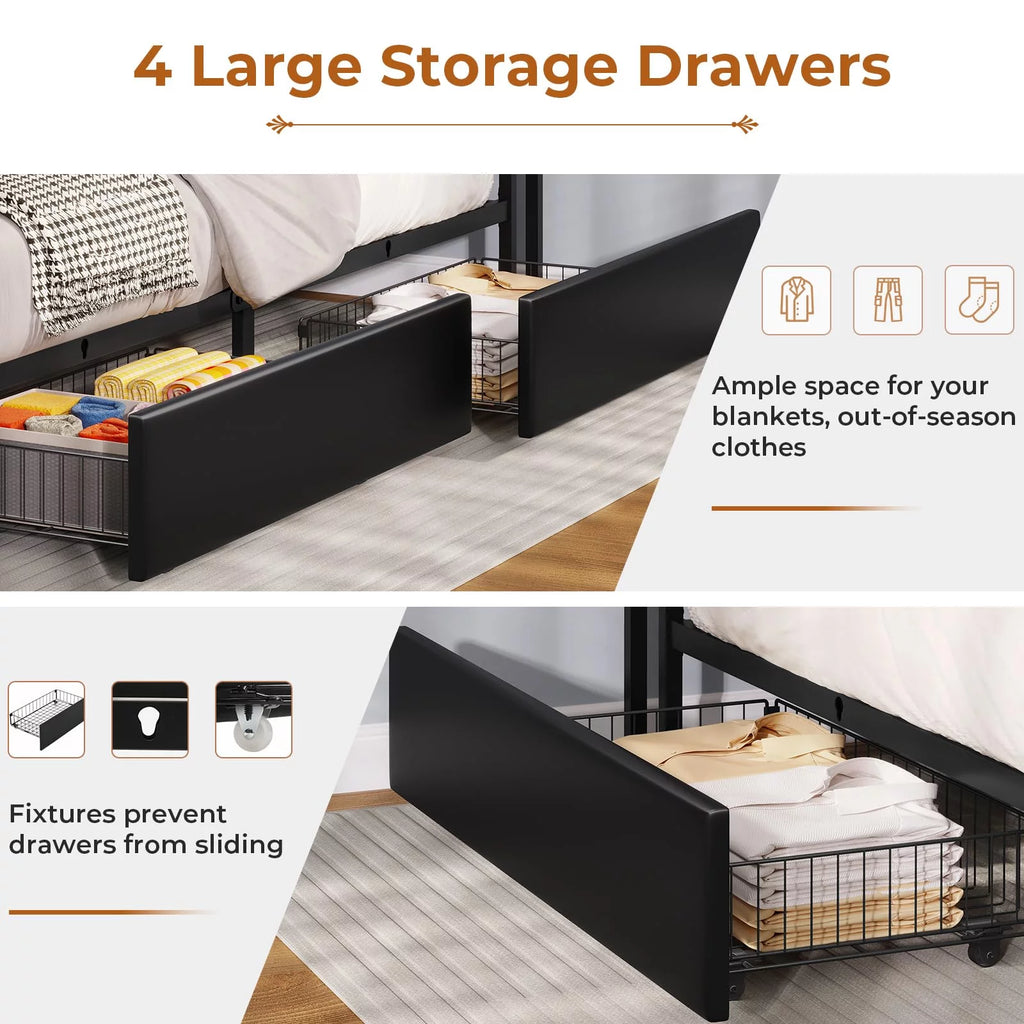 Full Size LED Upholstered Platform Bed with 4 Storage Drawer L966002