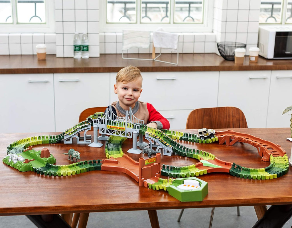 192 Pieces Flexible Train Track Race Car Vehicle Playset with 2 Battery Powered Race Cars and 2 Dinosaur Figures M997770