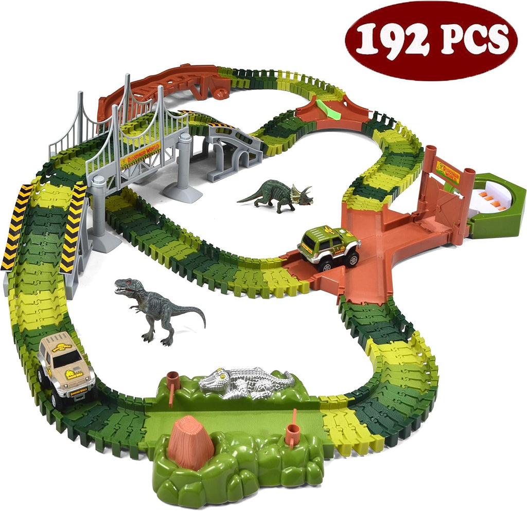 192 Pieces Flexible Train Track Race Car Vehicle Playset with 2 Battery Powered Race Cars and 2 Dinosaur Figures M997770