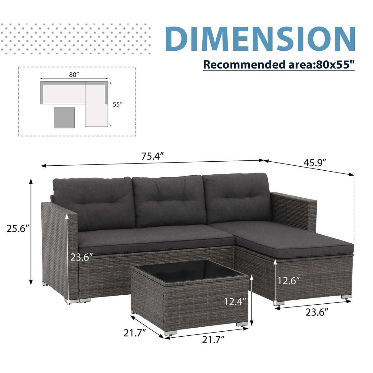 3 Pieces PE Wicker Rattan Patio Conversation Set with Cushions and Tempered Glass Coffee Table J888