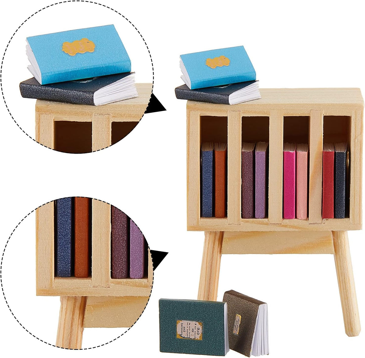 13 Pieces 1:12 Scale Miniature Dollhouse Books with Wooden Rack Bookshelf H5937