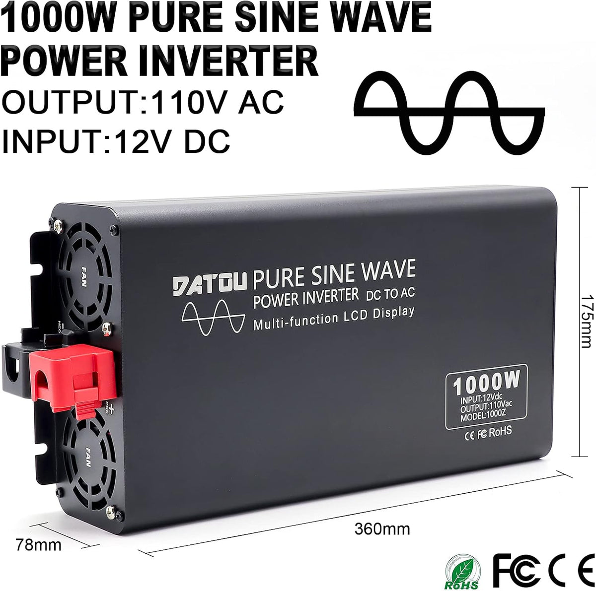 1000W 2000W DC 12V to 110V 120V AC 60Hz Power Inverter with 2 AC Outlets LCD Display U737