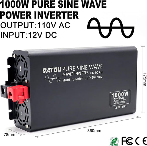1000W 2000W DC 12V to 110V 120V AC 60Hz Power Inverter with 2 AC Outlets LCD Display U737