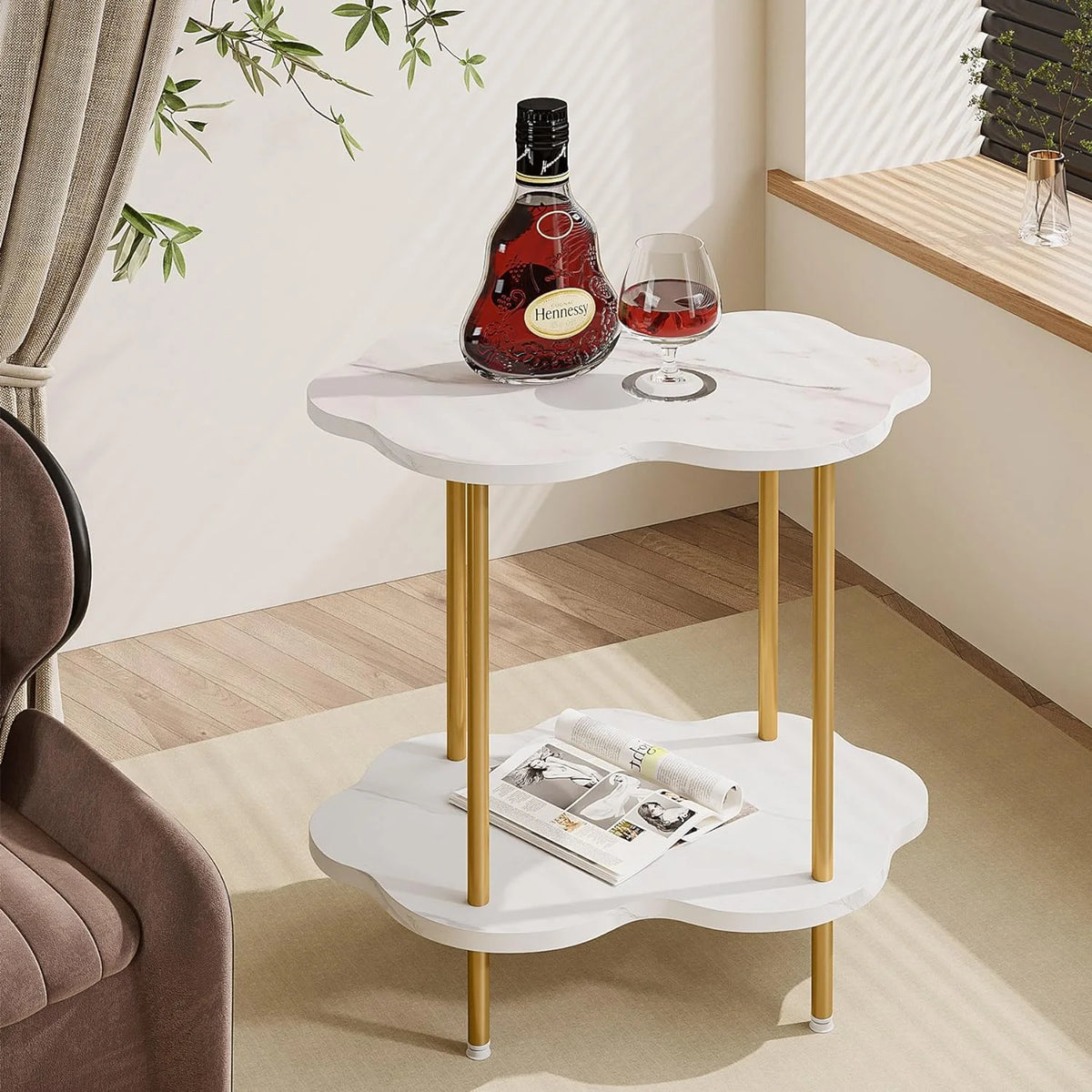 White Gold Faux Marble 2-Tier Side Table M9848