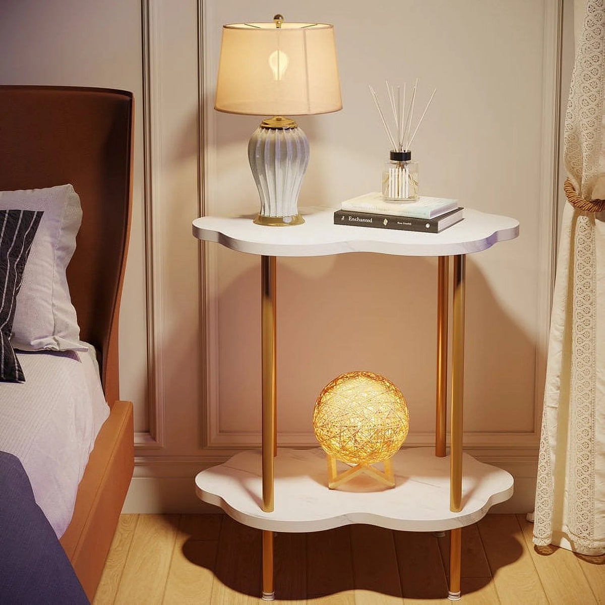 White Gold Faux Marble 2-Tier Side Table M9848
