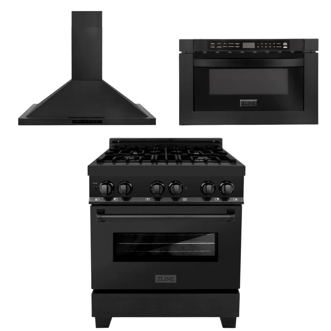 30 in. Dual Fuel Range, Range Hood & Microwave in Black Stainless Steel Y968