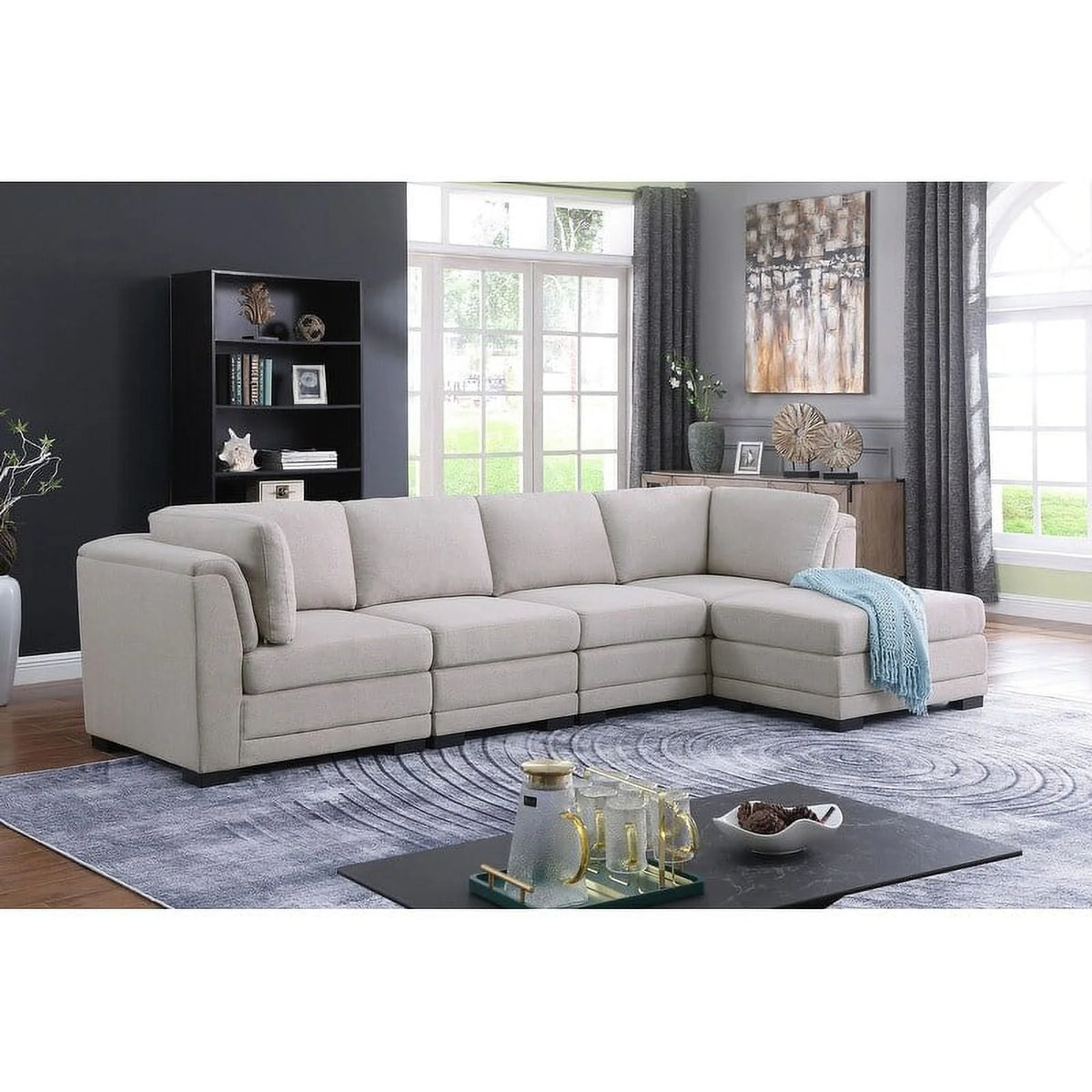 Light Gray Linen Reversible Sectional Sofa with Ottoman A7602