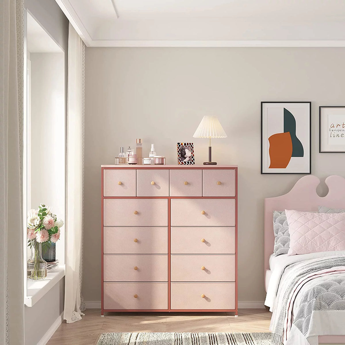 Pink 12 Drawer Dresser with Wood Top D296