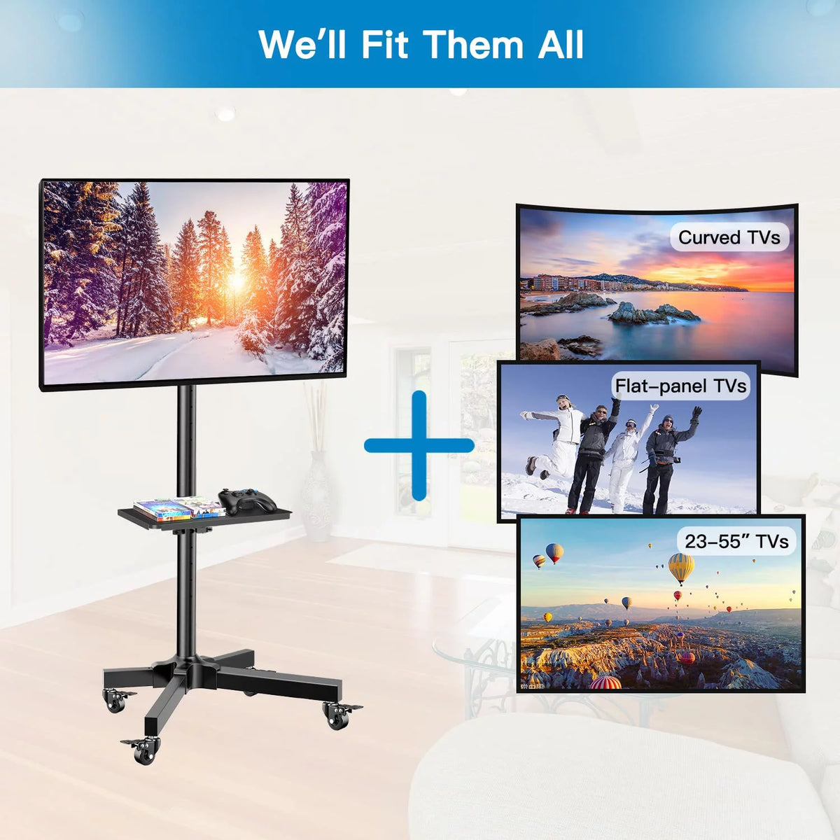 Black Height Adjustable Mobile TV Stand with Wheels W19421