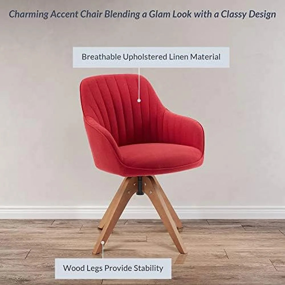 Navy Blue Linen Upholstered Swivel Accent Chair with Dark Oak Wood Legs Y940