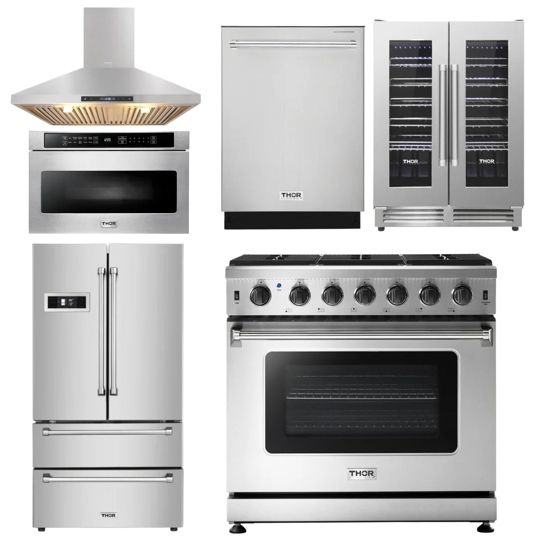 36 Gas Range, Range Hood, Microwave, Refrigerator, Dishwasher, Wine Cooler G543713