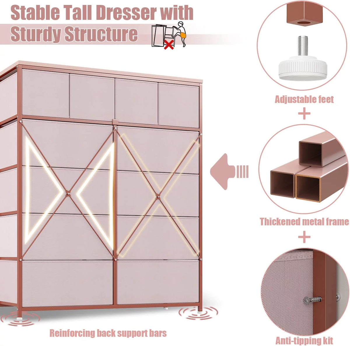 Pink 12 Drawer Dresser with Wood Top D296
