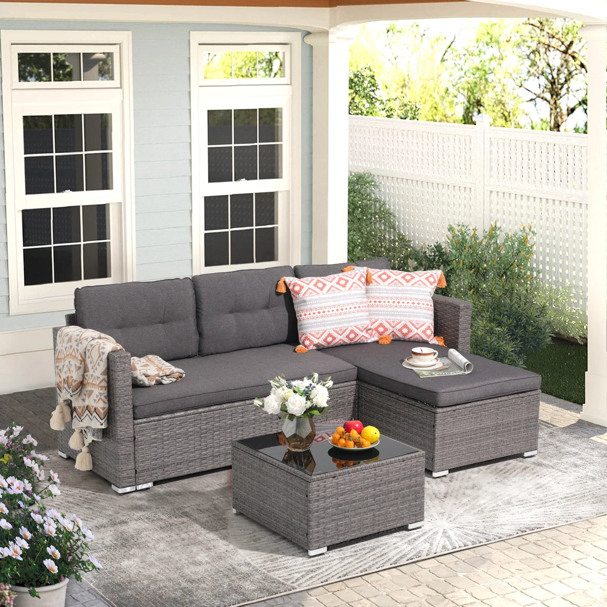 3 Pieces PE Wicker Rattan Patio Conversation Set with Cushions and Tempered Glass Coffee Table J888