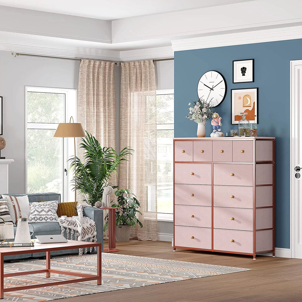 Pink 12 Drawer Dresser with Wood Top D296
