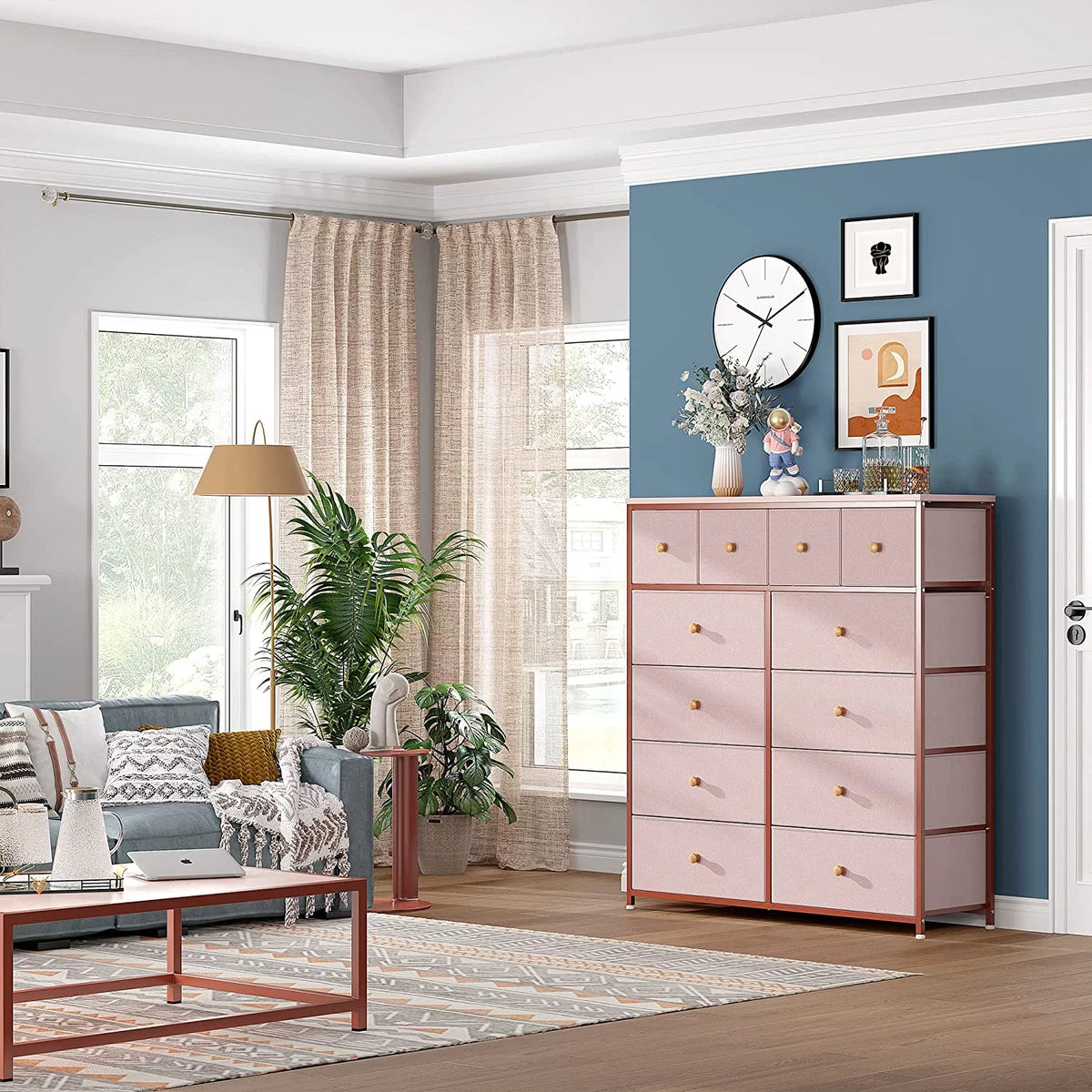 Pink 12 Drawer Dresser with Wood Top D296