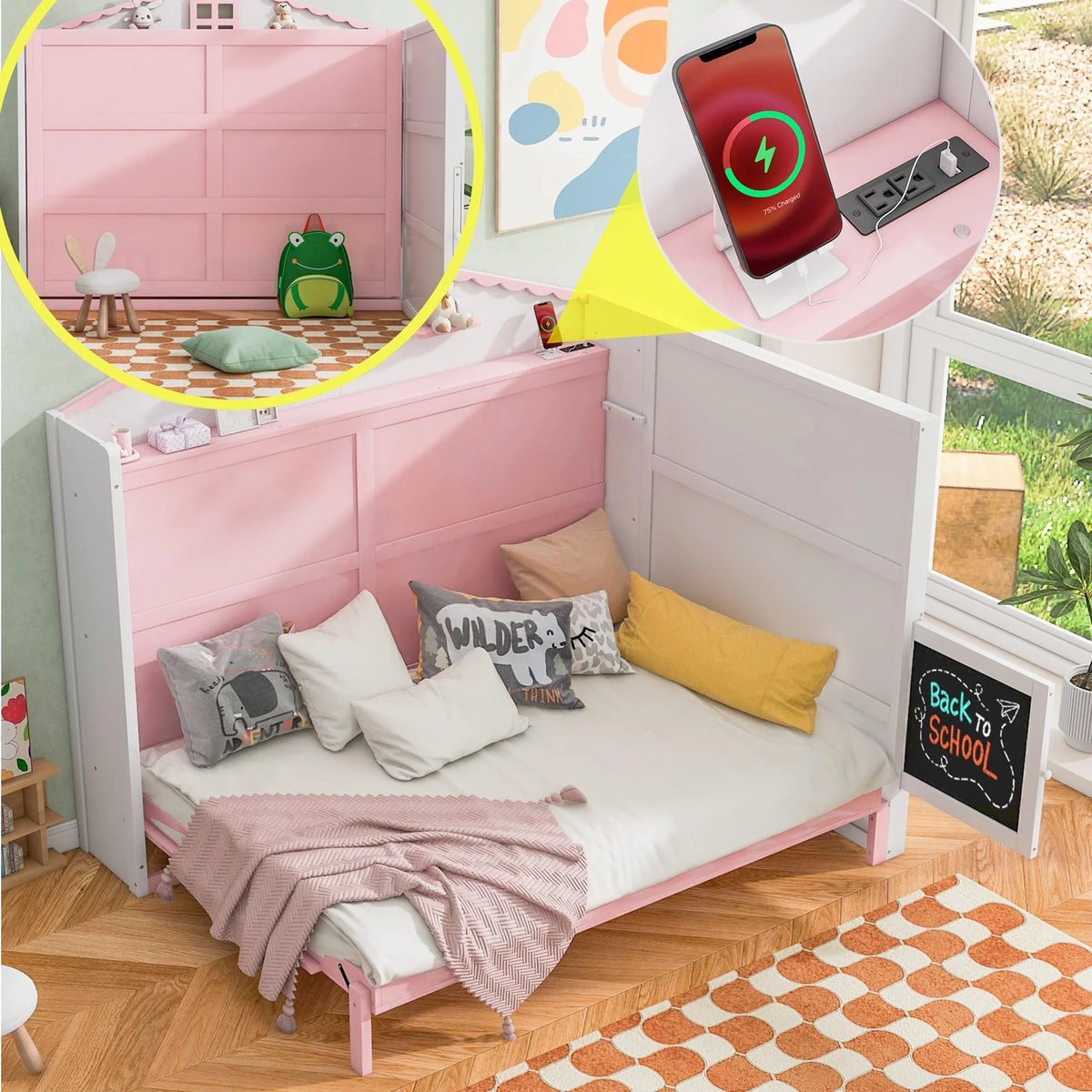 Full Size Wood Murphy Bed with Storage Shelves P293730