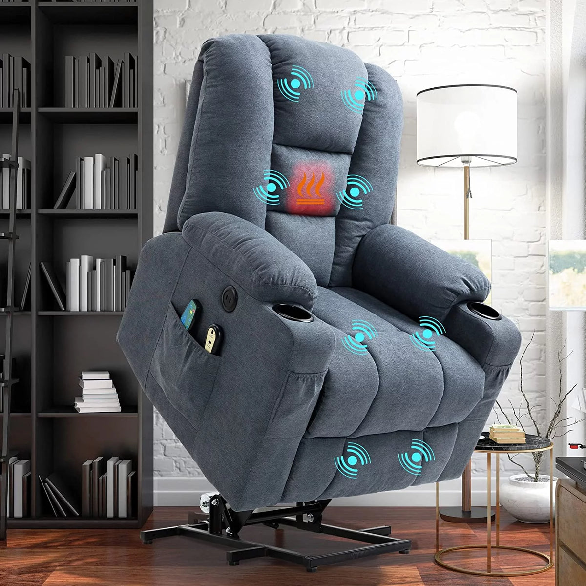 Gray-Blue Fabric Lift Recliner Chair with Heat and Massage F7383