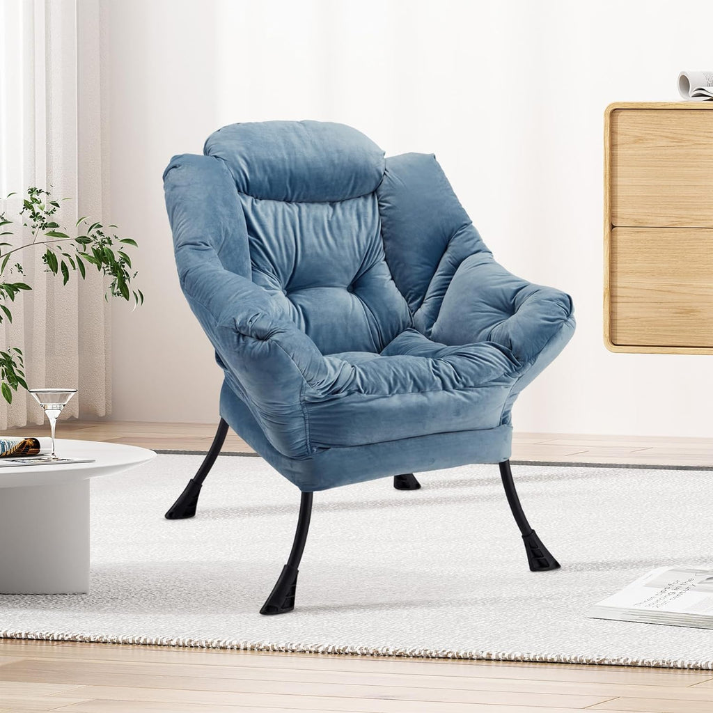 Blue Velvet Lounge Chair with Steel Frame and Side Pocket V662930