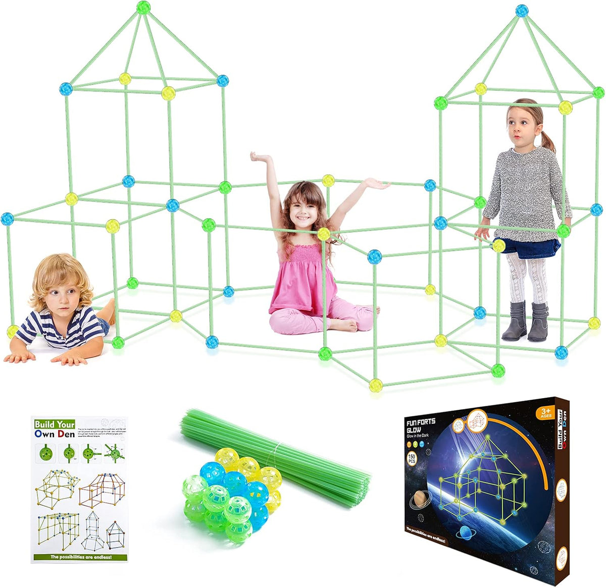 150Pcs Glow Fort Building Kits DIY Building Tents for Kids U87275