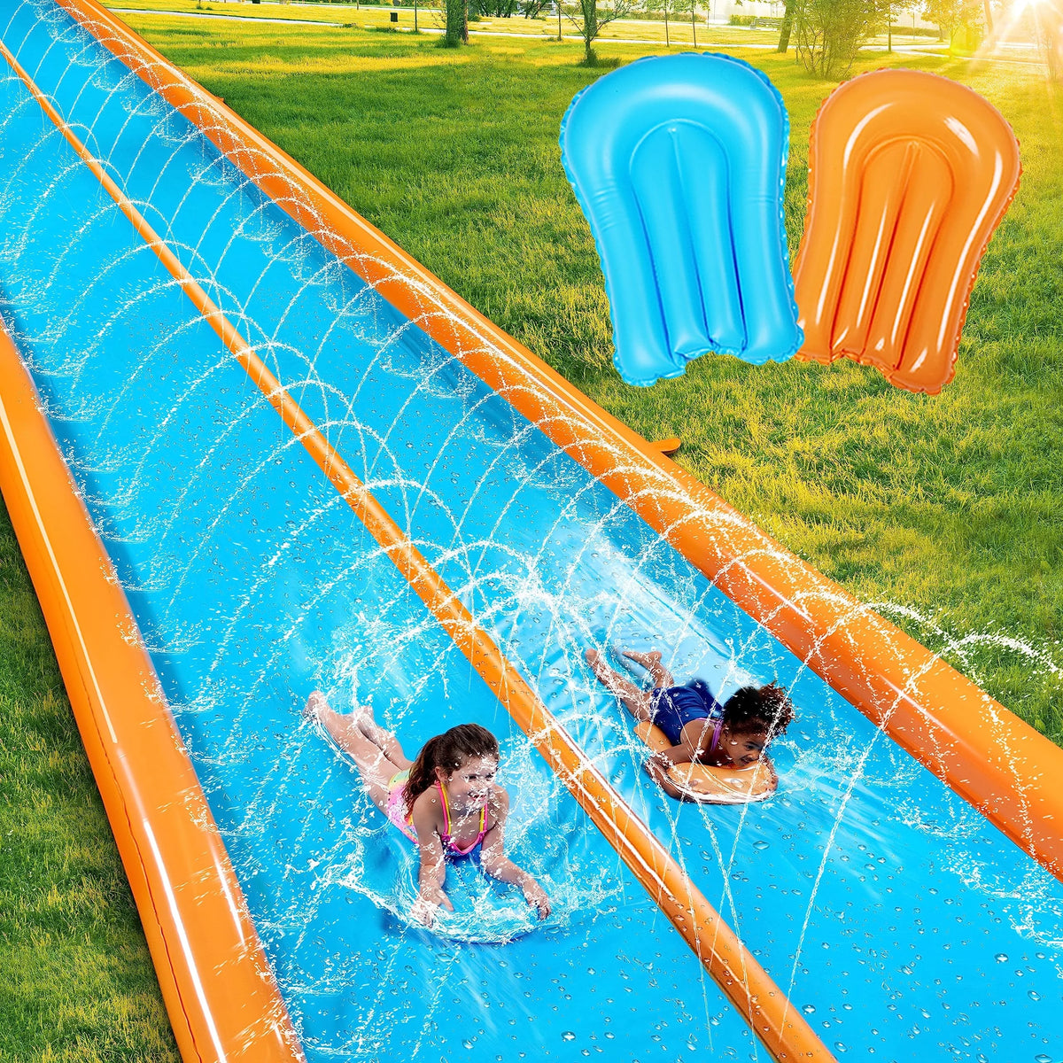 25ft x 7ft Double Water Slide with Sprinkler and 2 Inflatable Boards E800612