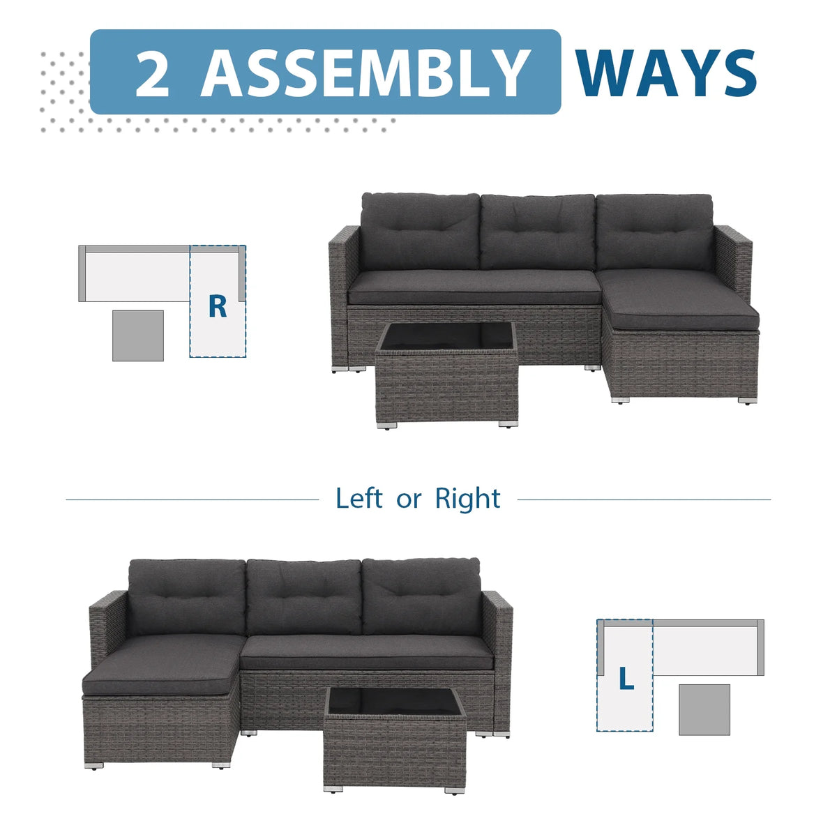 3 Pieces PE Wicker Rattan Patio Conversation Set with Cushions and Tempered Glass Coffee Table J888