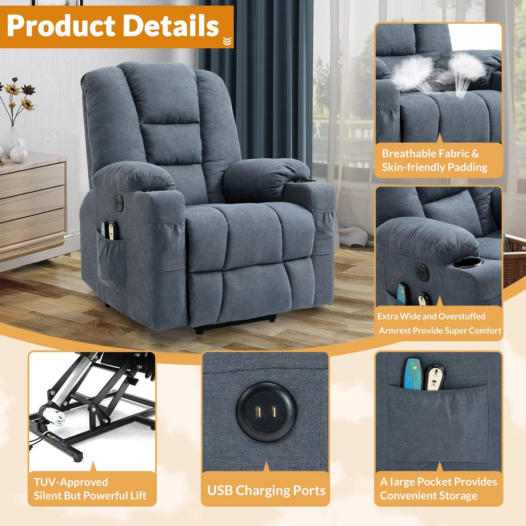 Gray-Blue Fabric Lift Recliner Chair with Heat and Massage F7383