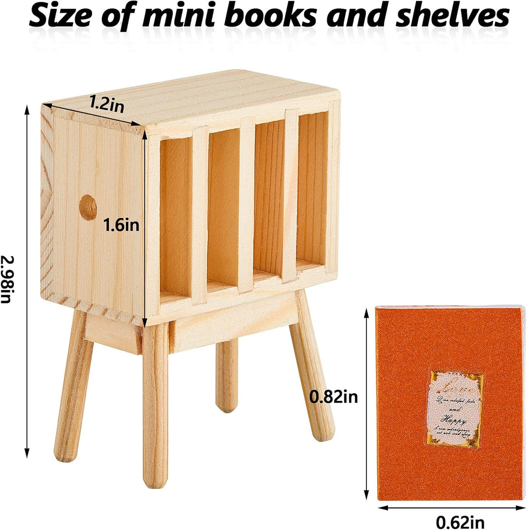 13 Pieces 1:12 Scale Miniature Dollhouse Books with Wooden Rack Bookshelf H5937