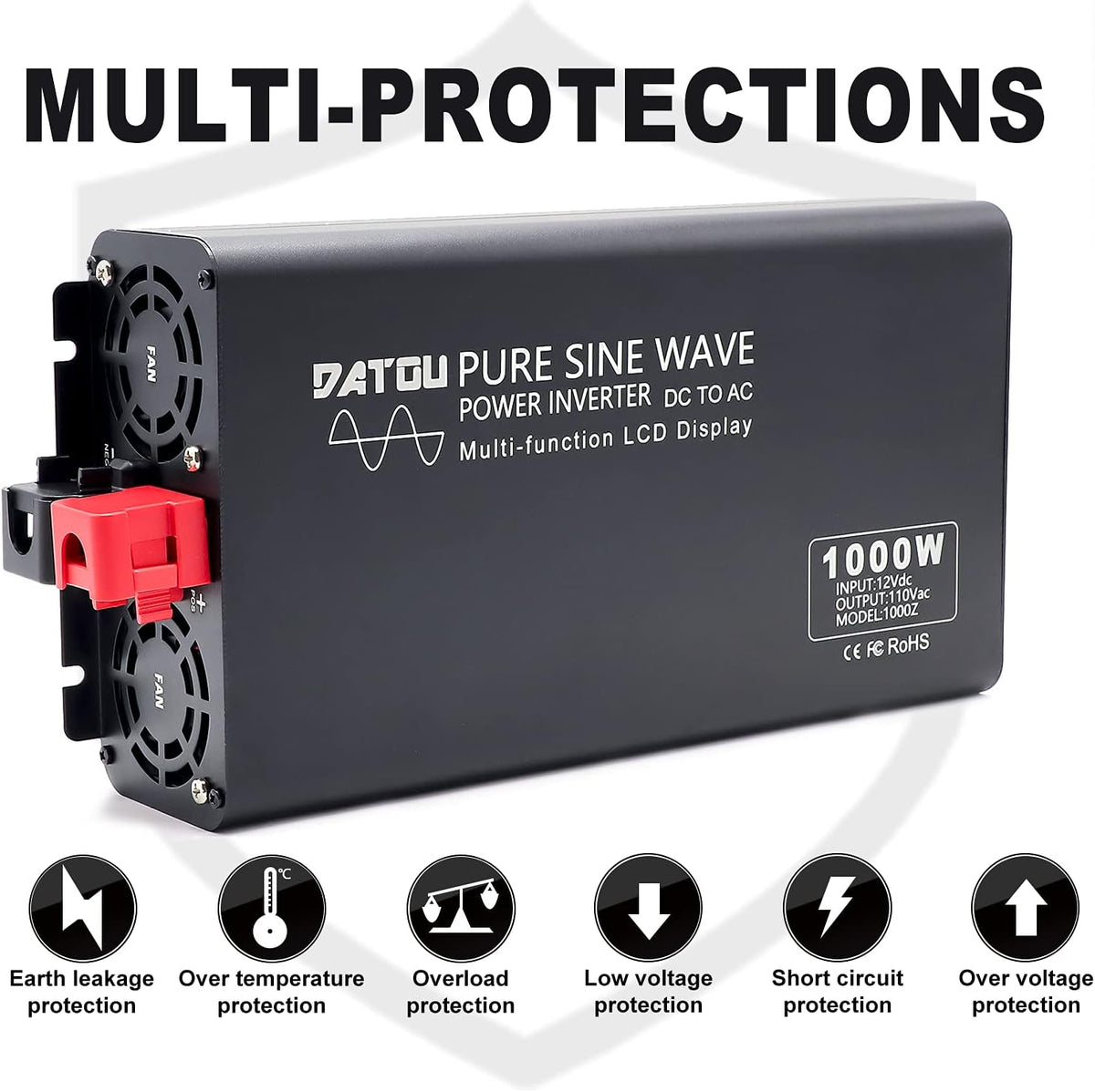 1000W 2000W DC 12V to 110V 120V AC 60Hz Power Inverter with 2 AC Outlets LCD Display U737