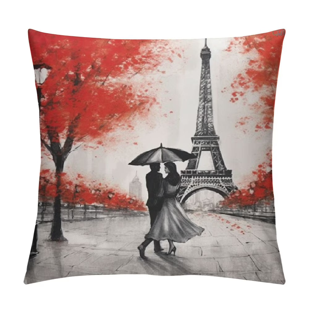 Eiffel Tower Decorative Square Throw Pillow Covers Paris Couple On Street Oil Painting Maple Tree Farmhouse Rectangle Cushion Cover Pillowcases Cushion Cover H4889