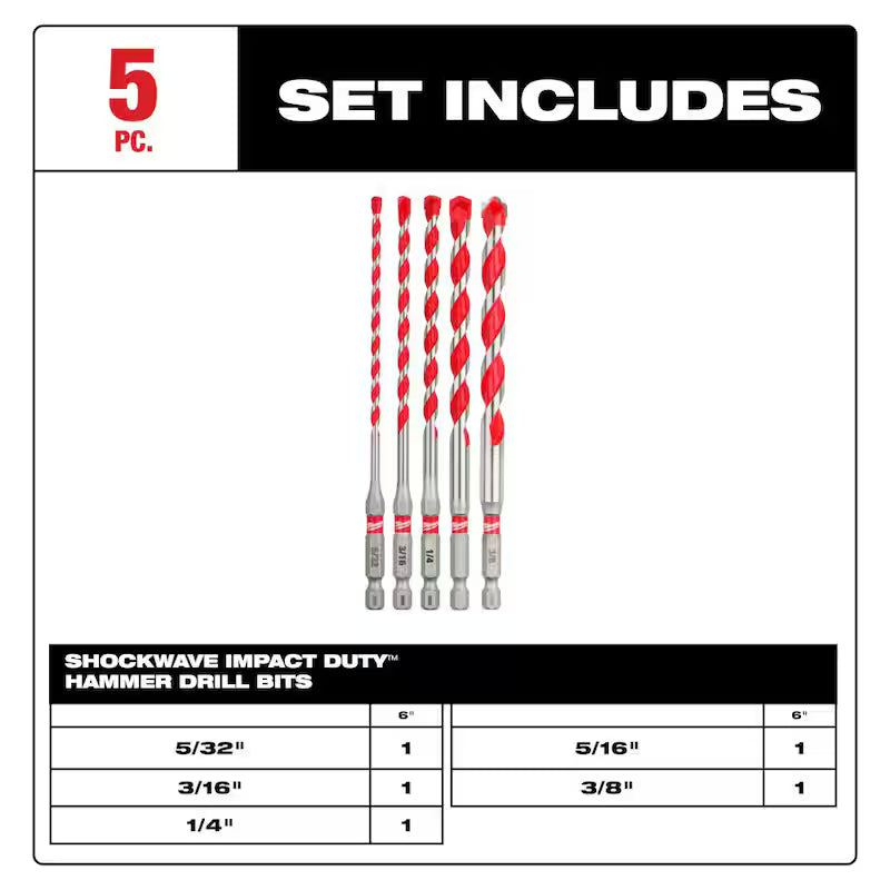 Carbide Hammer Drill Bits Set 5-Pack J39382