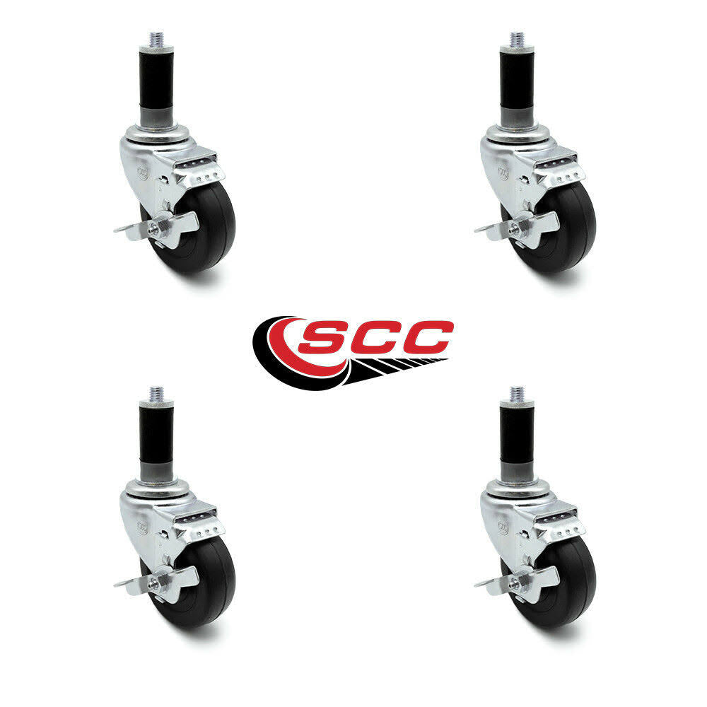 3 x 1.25 inch Hard Rubber Wheel Swivel Casters with Expanding Stem with Brake, Set of 4 F465129