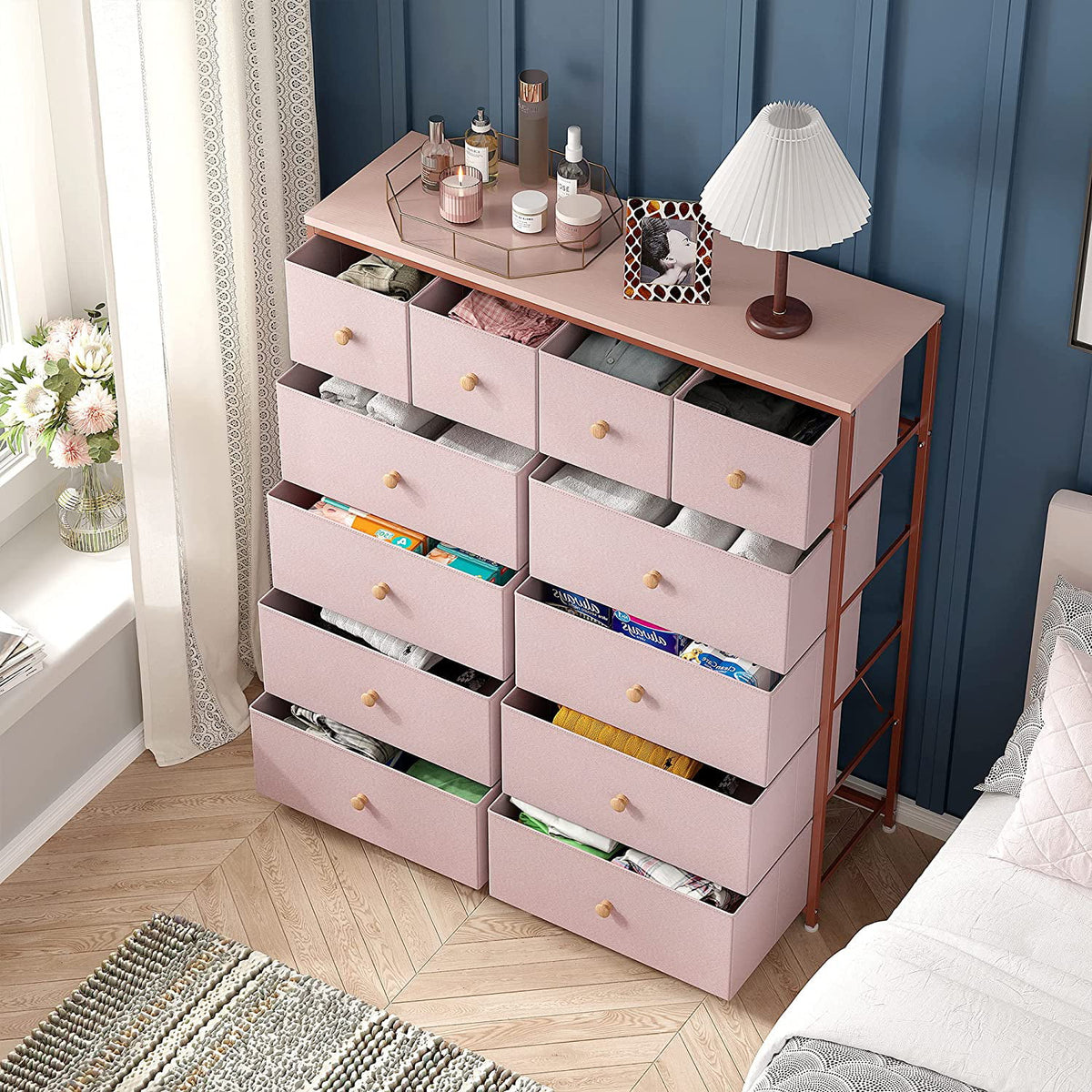 Pink 12 Drawer Dresser with Wood Top D296