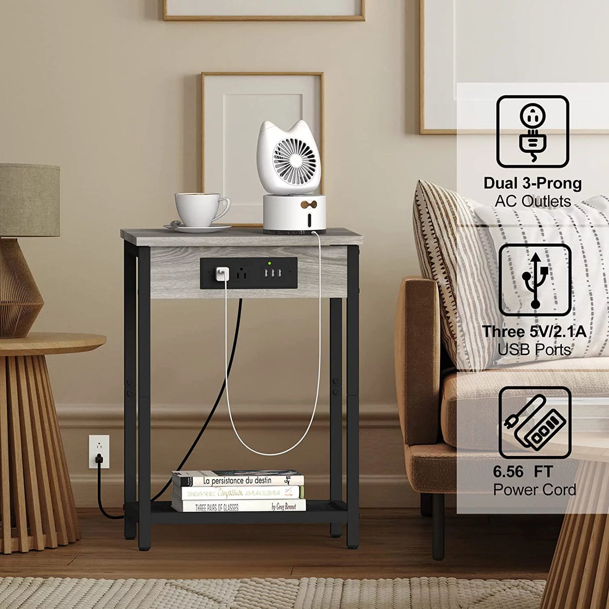 Gray Set of 2 Nightstand End Table with Charging Station P569594