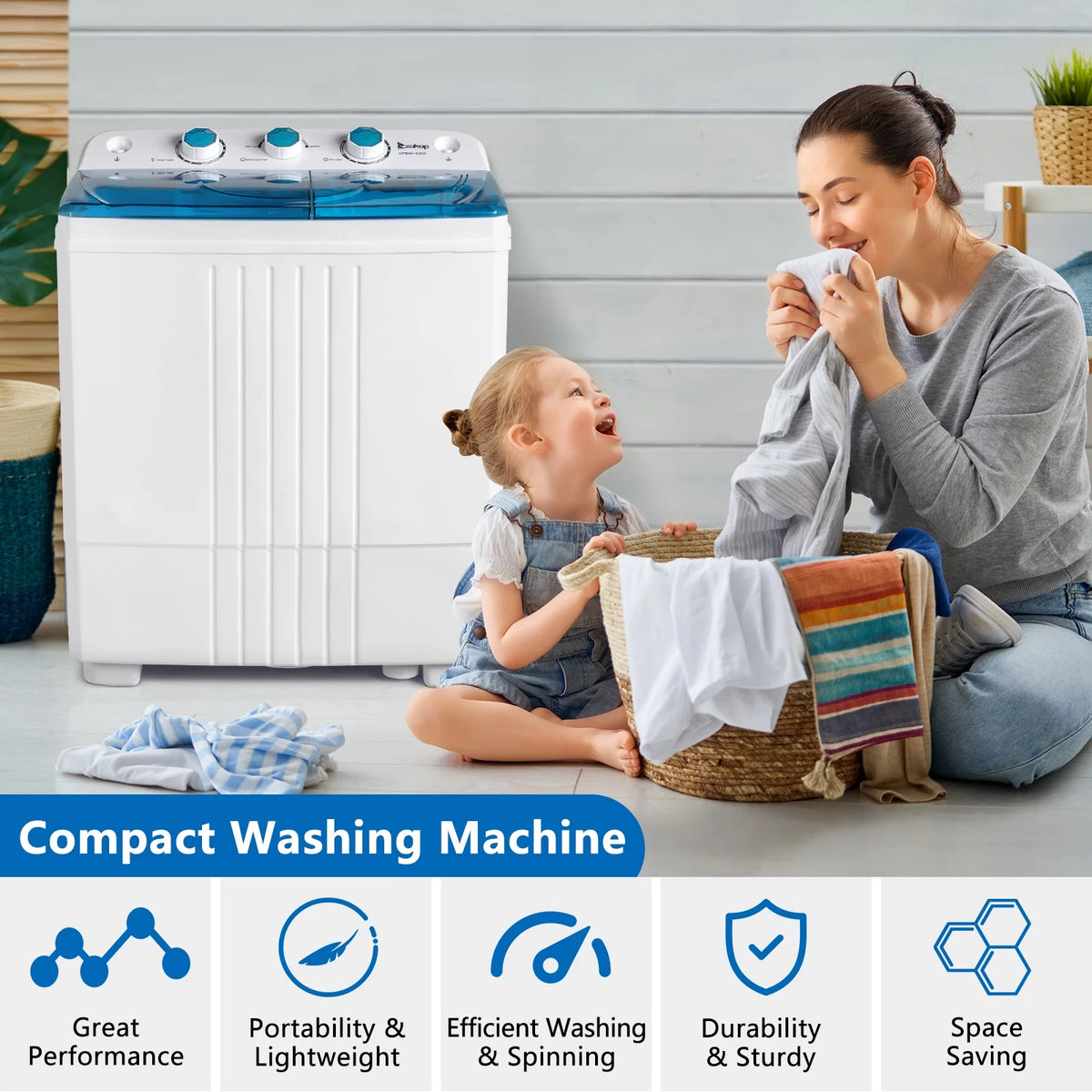 20LBS Portable Compact Twin Tub Washing Machine Washer Dryer, Blue L349721