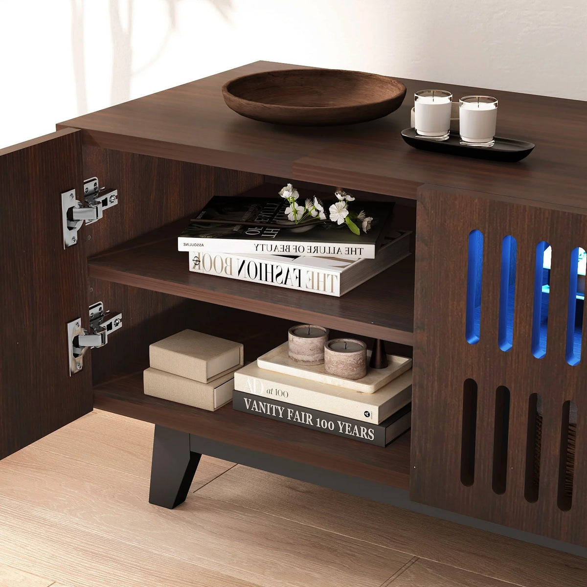 Brown 74 in TV Stand Cabinet with Adjustable Shelves T472918
