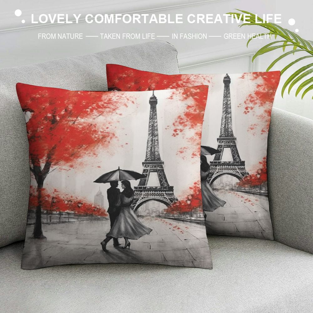 Eiffel Tower Decorative Square Throw Pillow Covers Paris Couple On Street Oil Painting Maple Tree Farmhouse Rectangle Cushion Cover Pillowcases Cushion Cover H4889