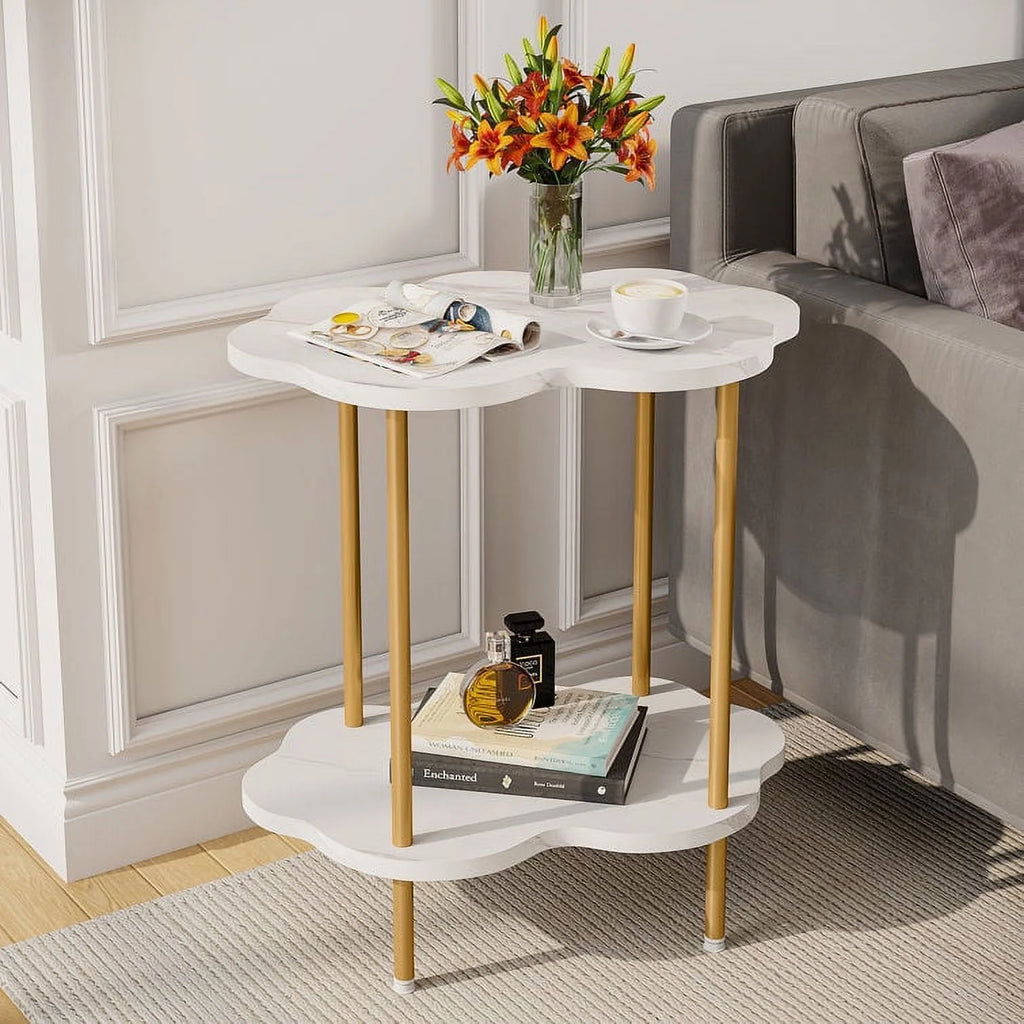 White Gold Faux Marble 2-Tier Side Table M9848