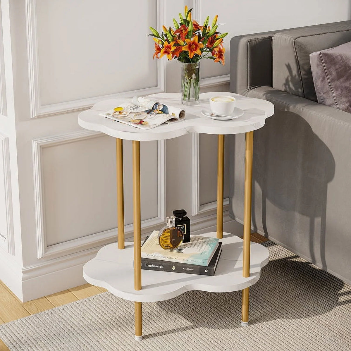 White Gold Faux Marble 2-Tier Side Table M9848