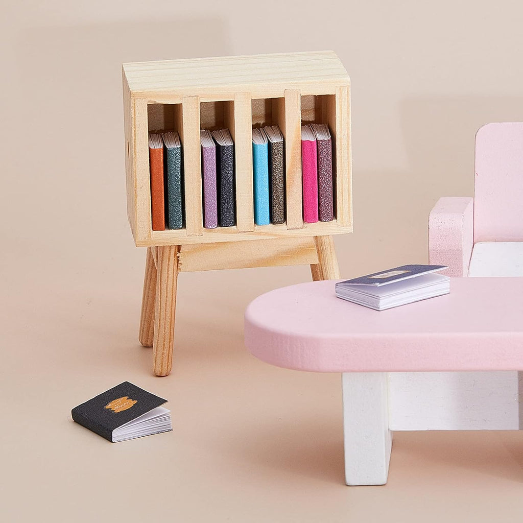 13 Pieces 1:12 Scale Miniature Dollhouse Books with Wooden Rack Bookshelf H5937