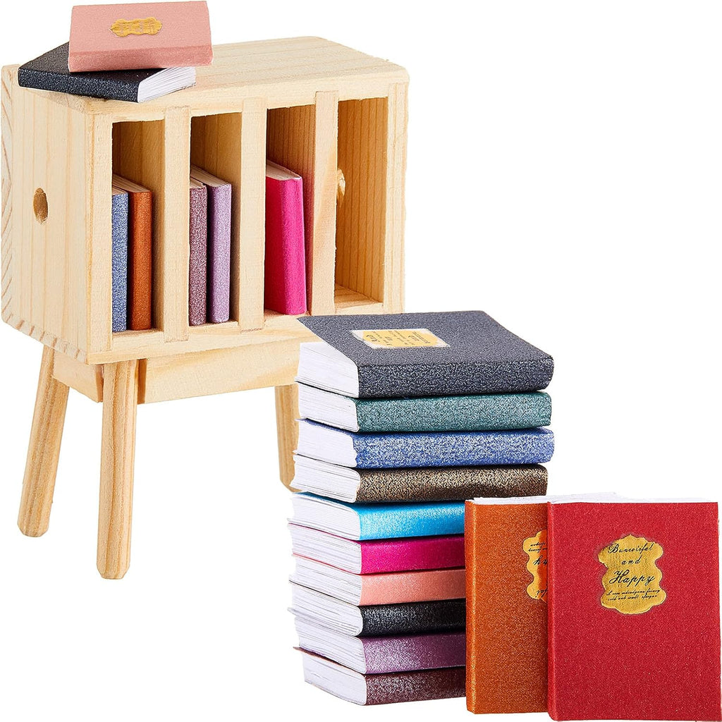 13 Pieces 1:12 Scale Miniature Dollhouse Books with Wooden Rack Bookshelf H5937