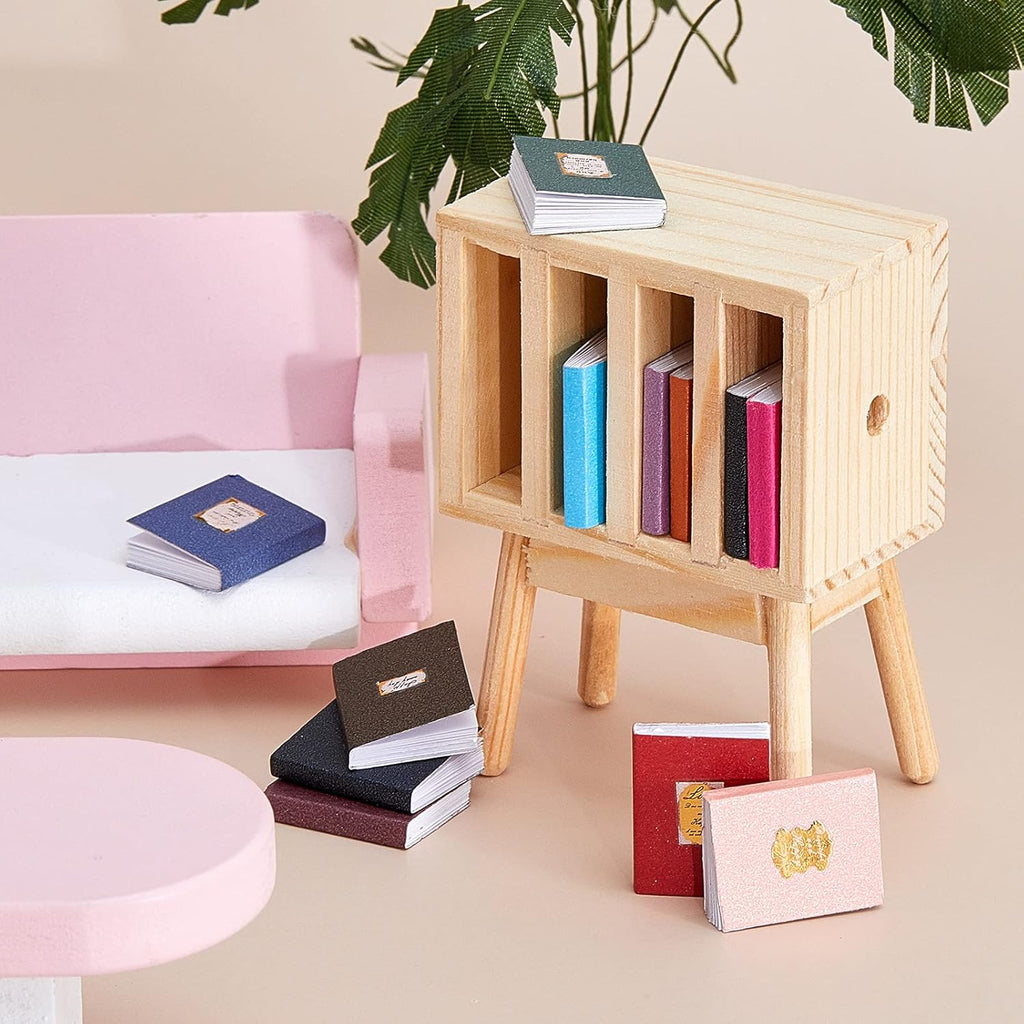 13 Pieces 1:12 Scale Miniature Dollhouse Books with Wooden Rack Bookshelf H5937