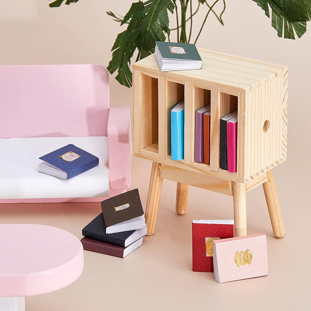 13 Pieces 1:12 Scale Miniature Dollhouse Books with Wooden Rack Bookshelf H5937