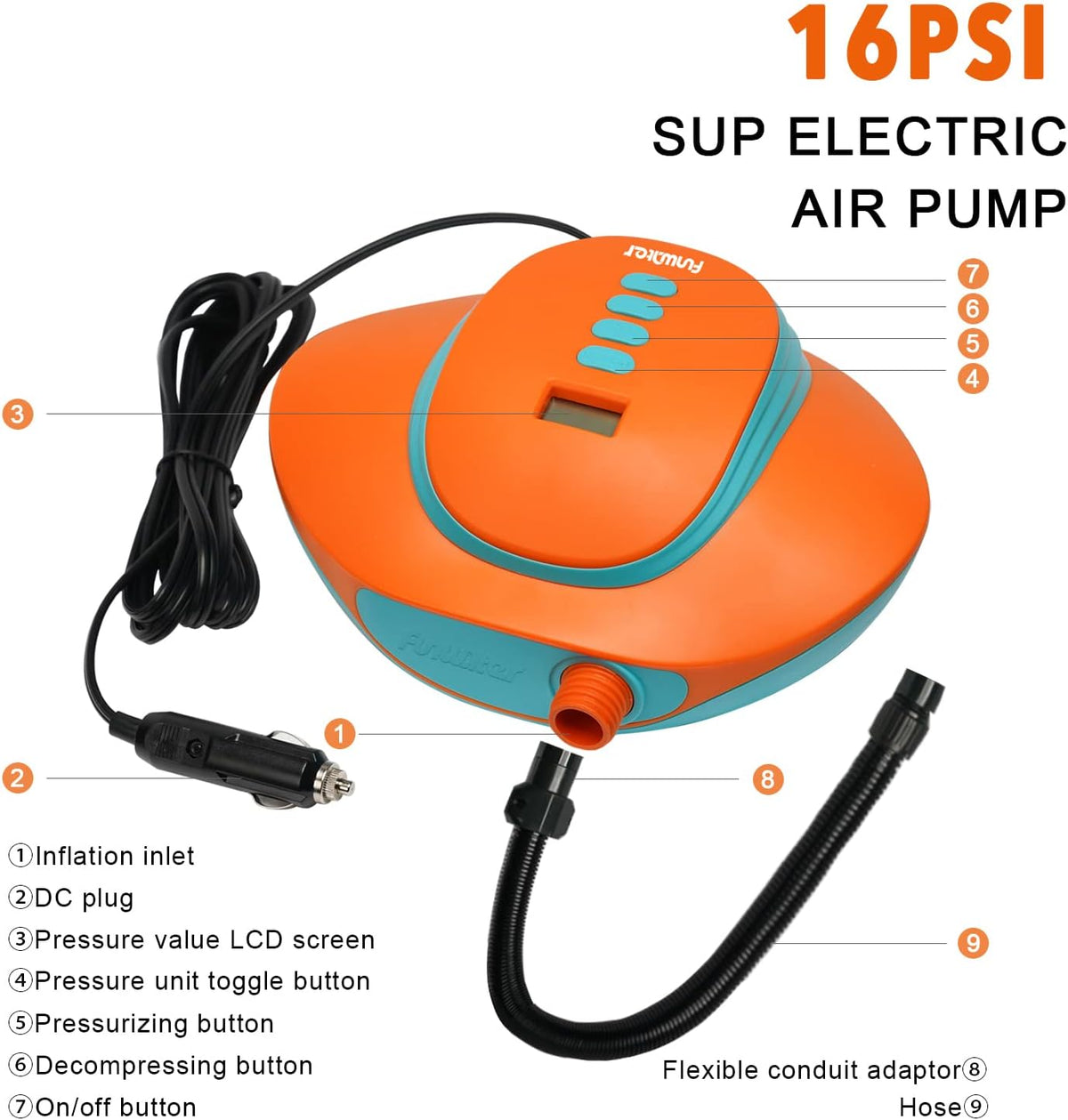 16PSI Portable Electric SUP Air Pump with 6 Nozzles U3675