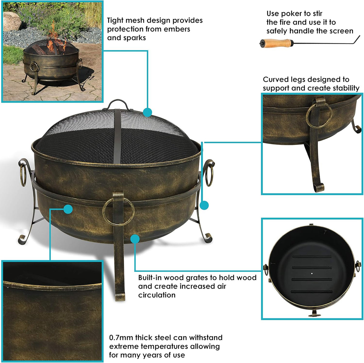 24 Inch Wood Burning Fire Pit with Spark Screen and Metal Grate A970
